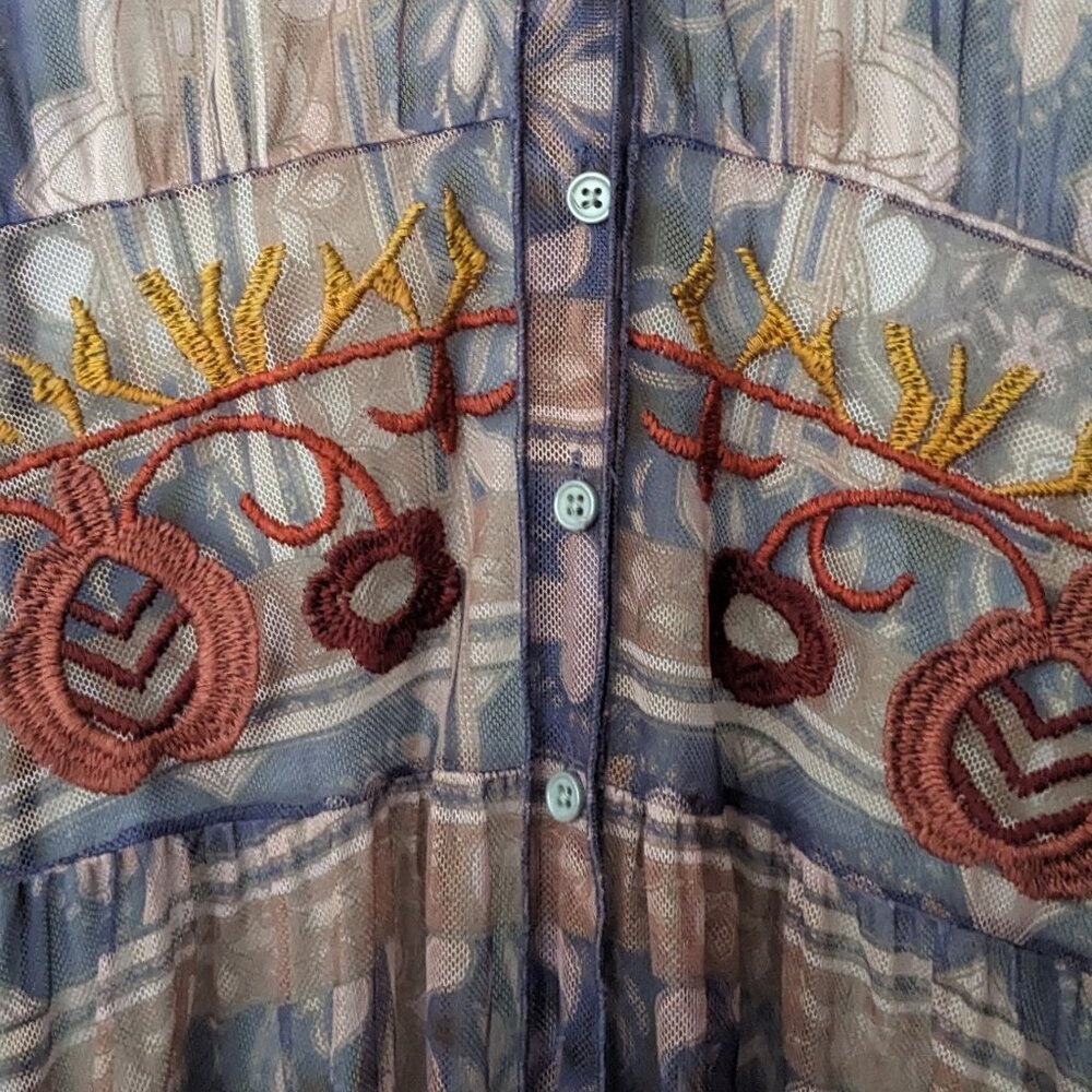 Johnny Was Sheer Boho Maxi Dress in Purple with Red and Gold Accents - Picture 7 of 15